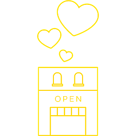 Vector image of a shop. There are love hearts floating above the shop with a sign that says open.
